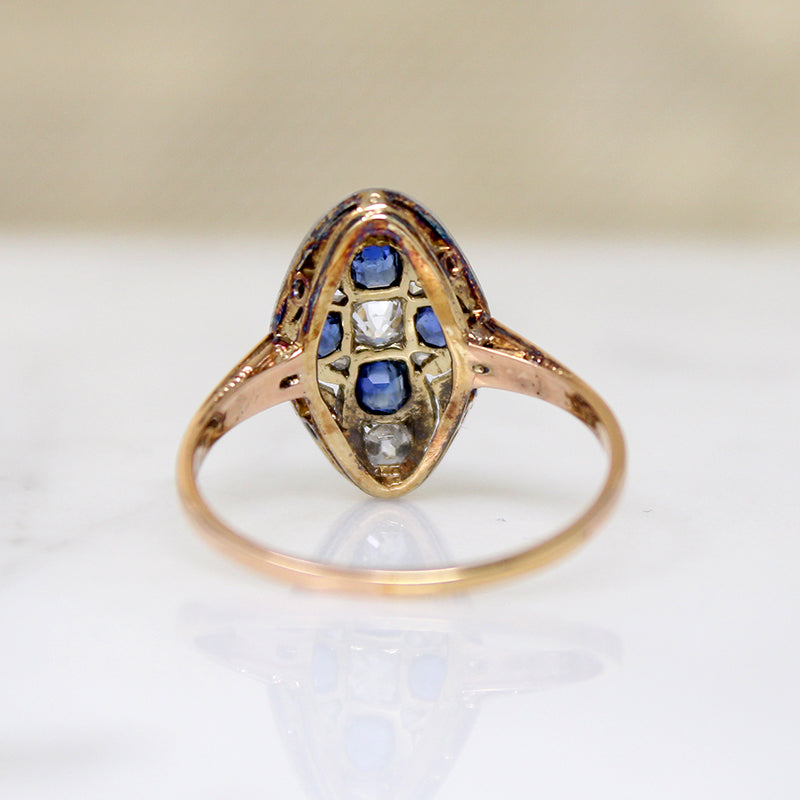 Sapphire & Diamond English Navette Ring