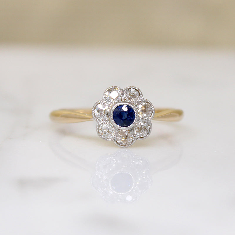 Two-Tone Sapphire & Diamond English Flower Ring