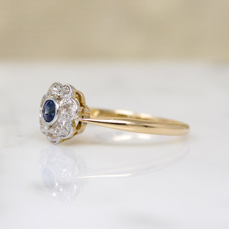 Two-Tone Sapphire & Diamond English Flower Ring