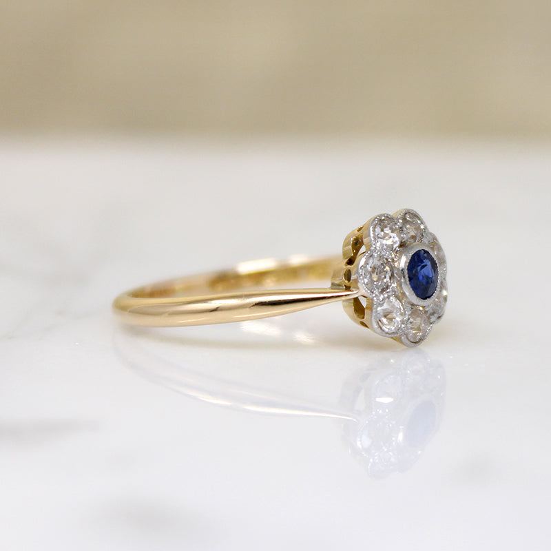 Two-Tone Sapphire & Diamond English Flower Ring