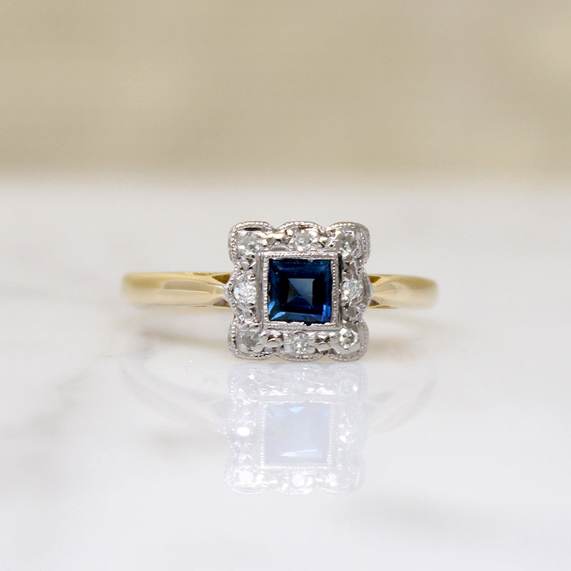 Sweet Sapphire & Diamond Square Picture Frame Ring