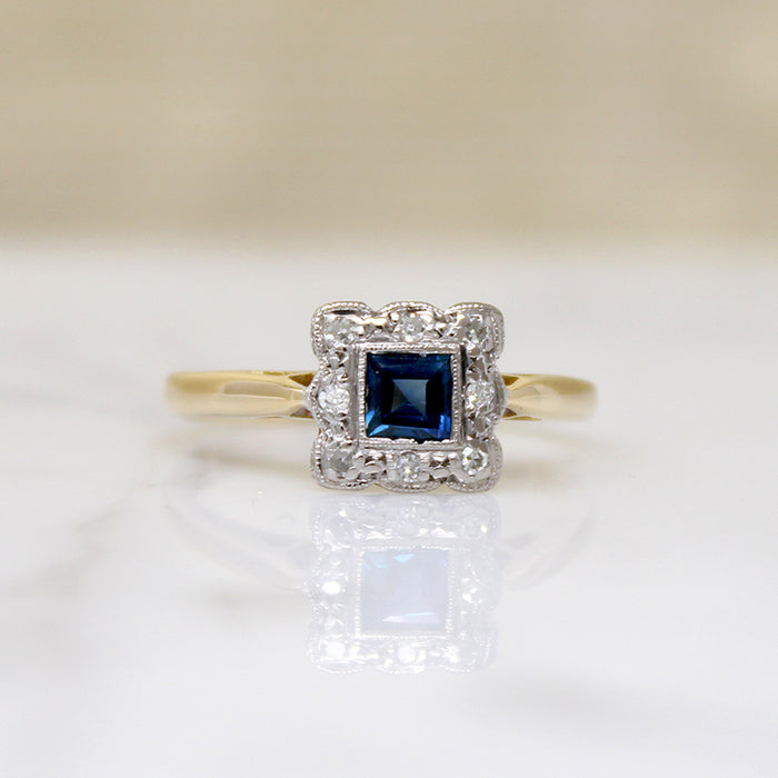 Sweet Sapphire & Diamond Square Picture Frame Ring