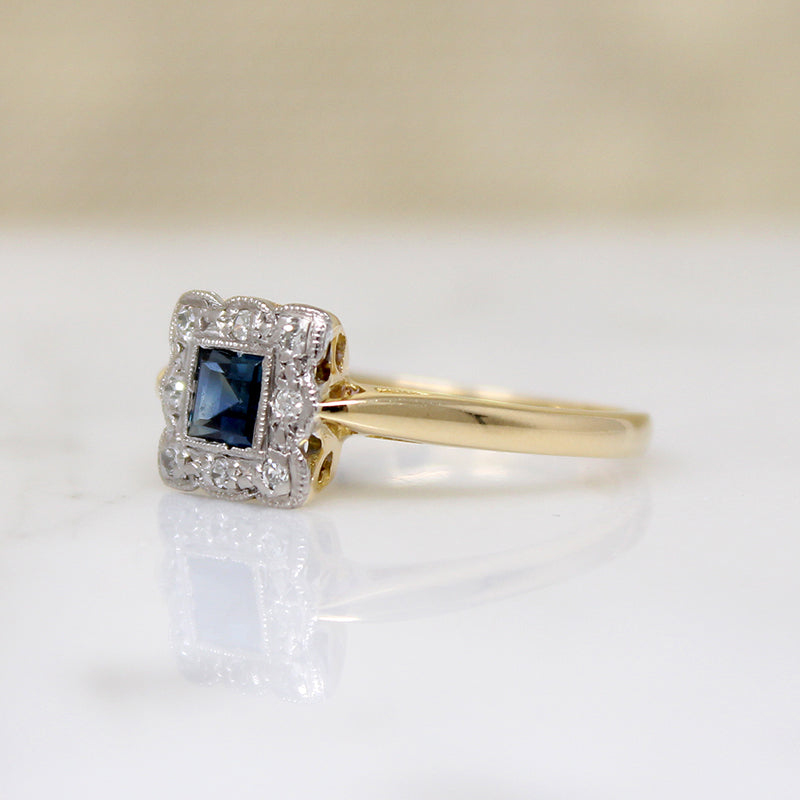Sweet Sapphire & Diamond Square Picture Frame Ring