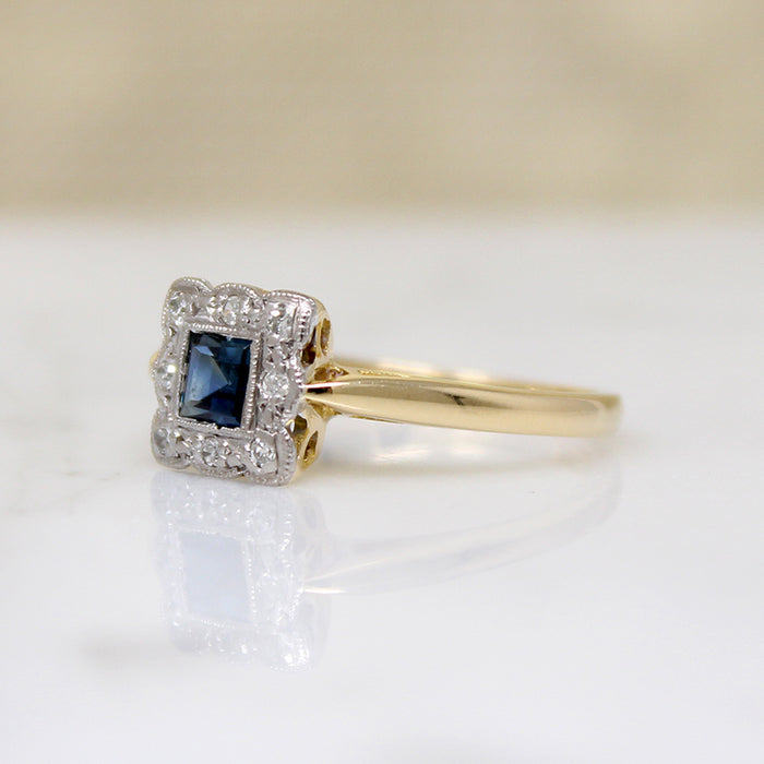 Sweet Sapphire & Diamond Square Picture Frame Ring
