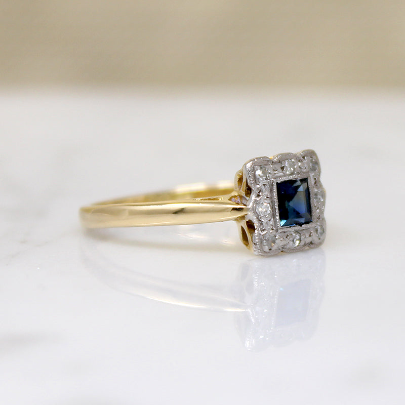 Sweet Sapphire & Diamond Square Picture Frame Ring