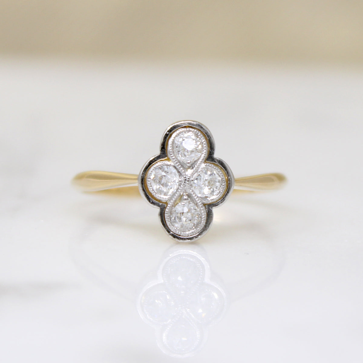 Elevated English Diamond Quatrefoil Ring