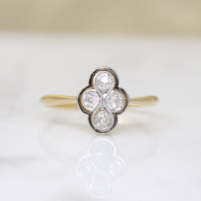 Elevated English Diamond Quatrefoil Ring