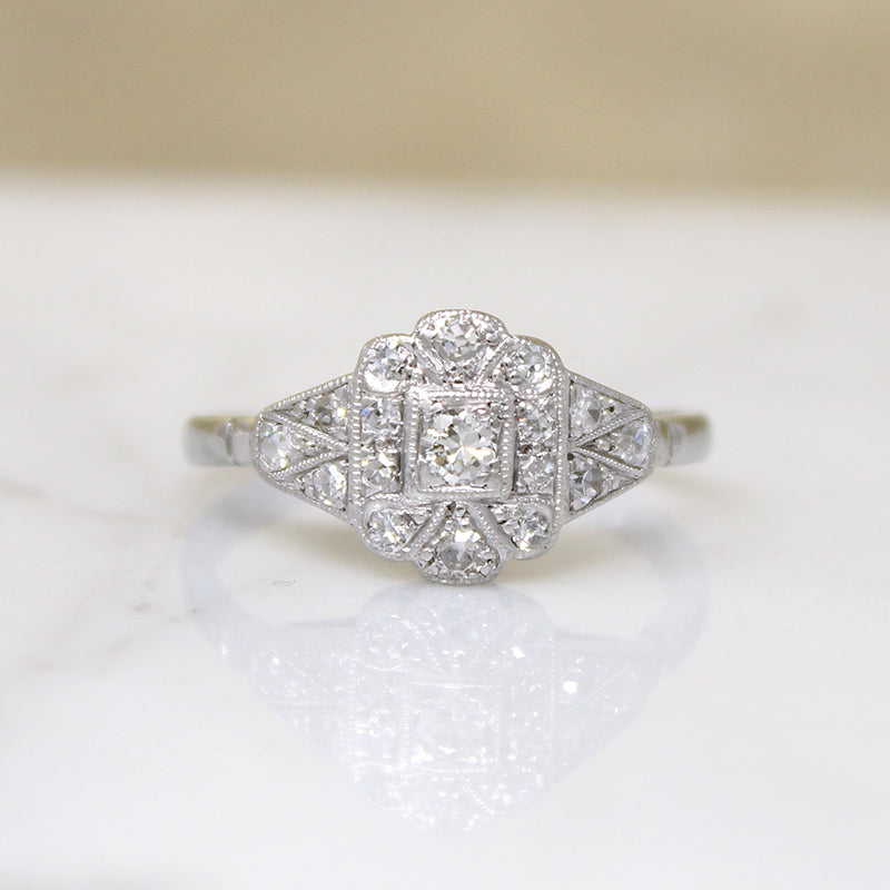 Diamond-Spangled Engraved Platinum English Ring