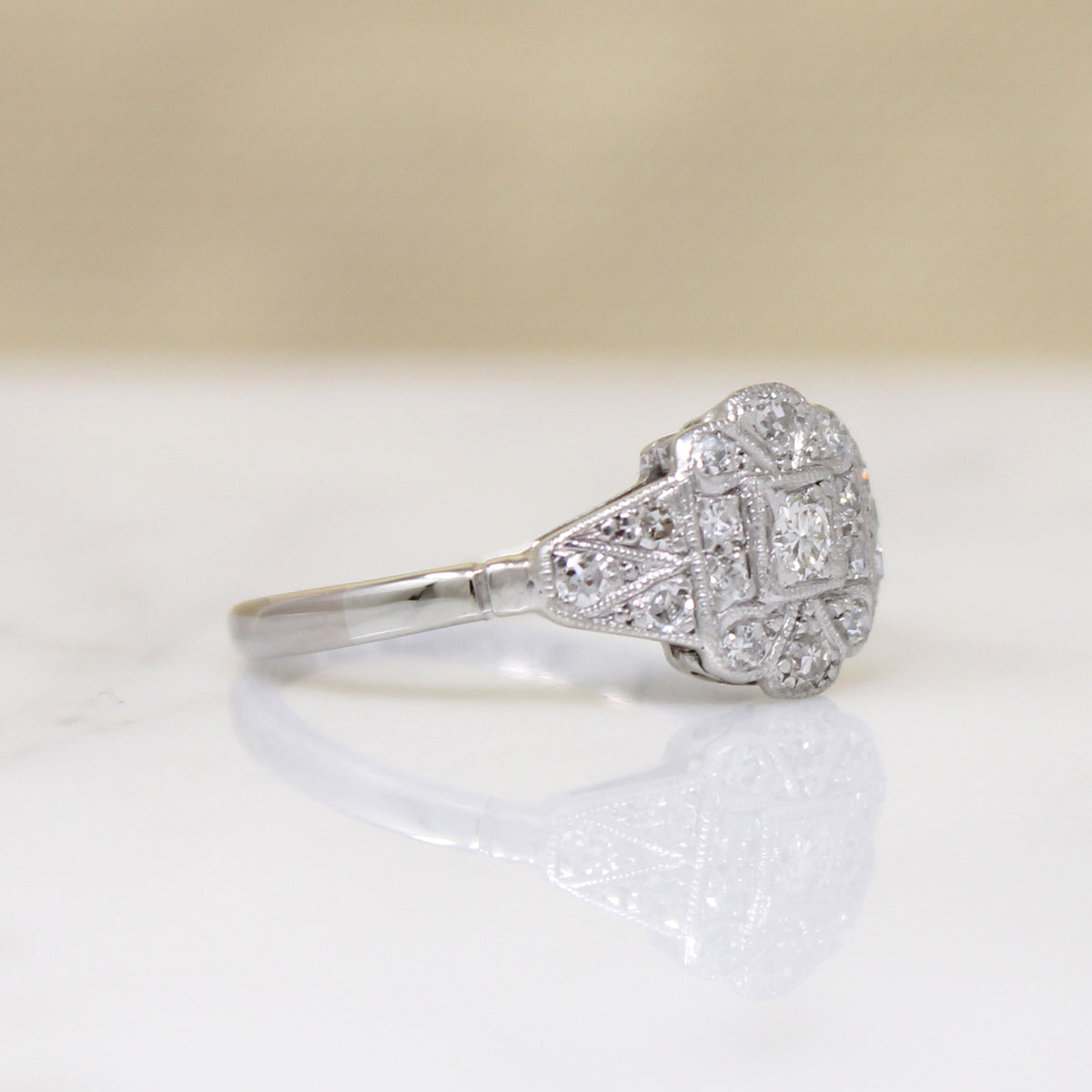 Diamond-Spangled Engraved Platinum English Ring