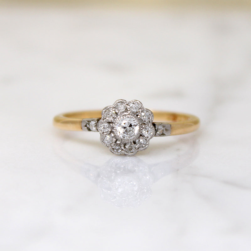 Floral Diamond Cluster in English Two-Tone Ring