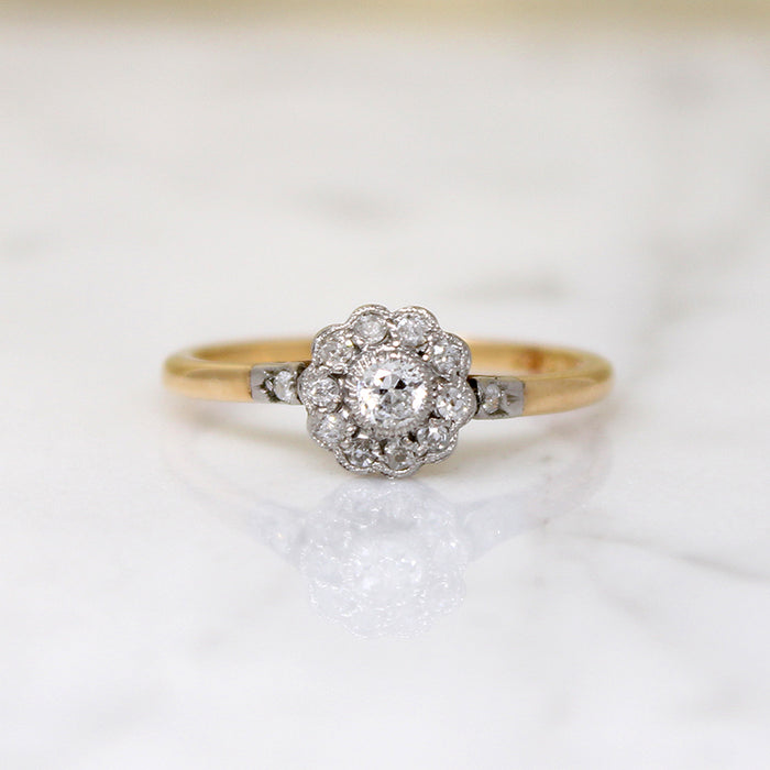 Floral Diamond Cluster in English Two-Tone Ring