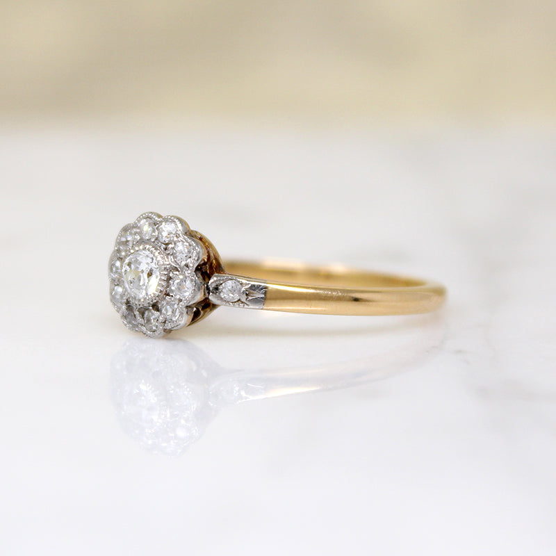 Floral Diamond Cluster in English Two-Tone Ring