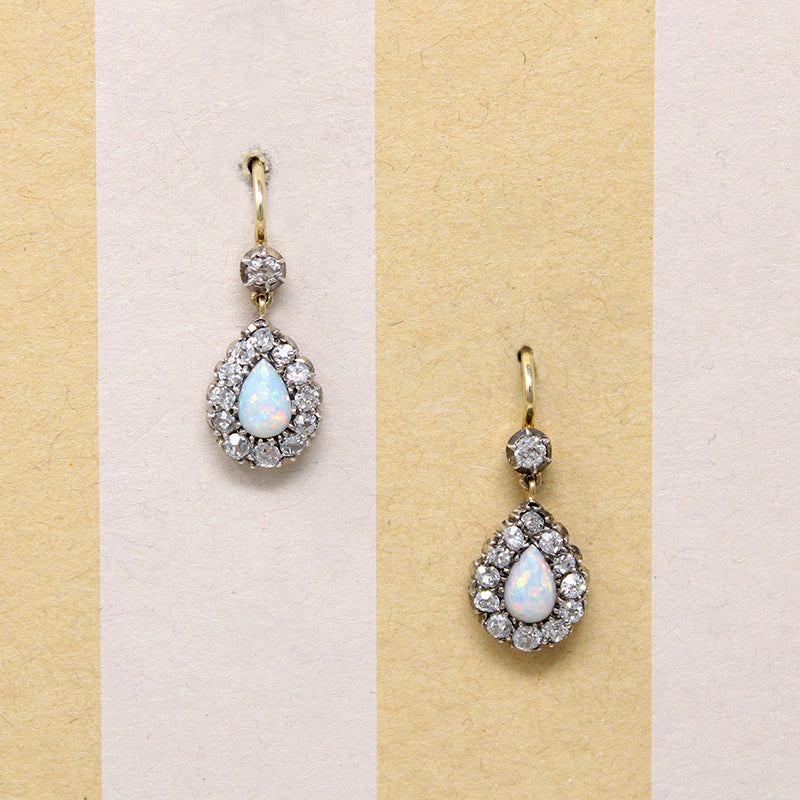 Opal & Old Mine Diamonds in Silver & 18ct Earbobs