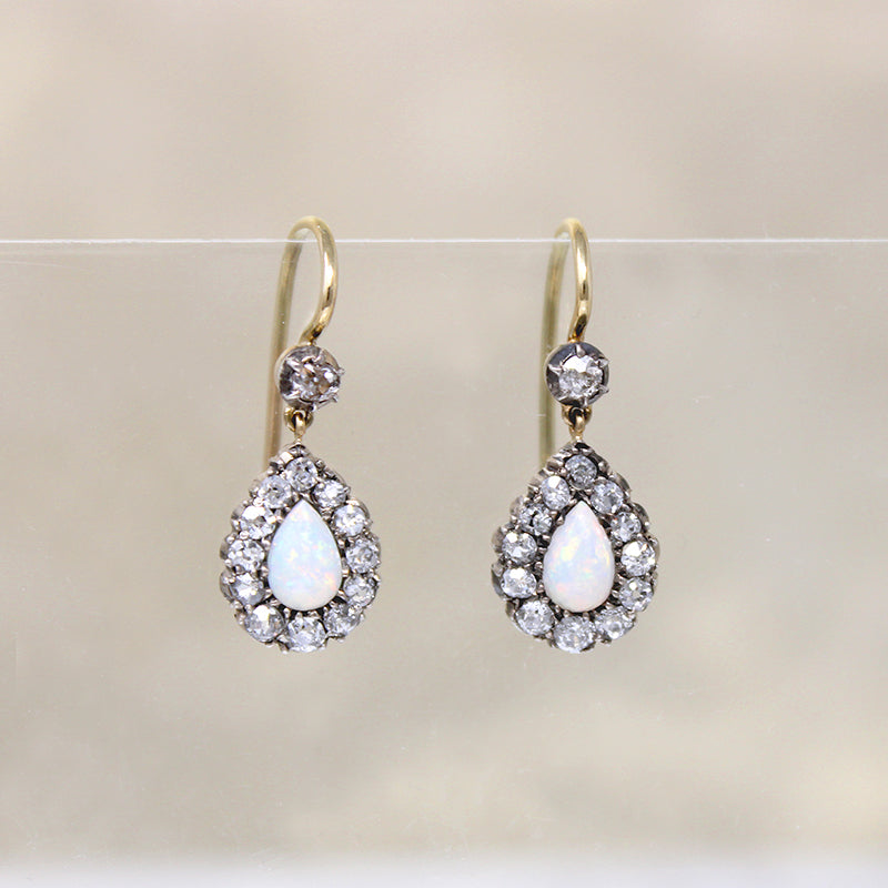 Opal & Old Mine Diamonds in Silver & 18ct Earbobs