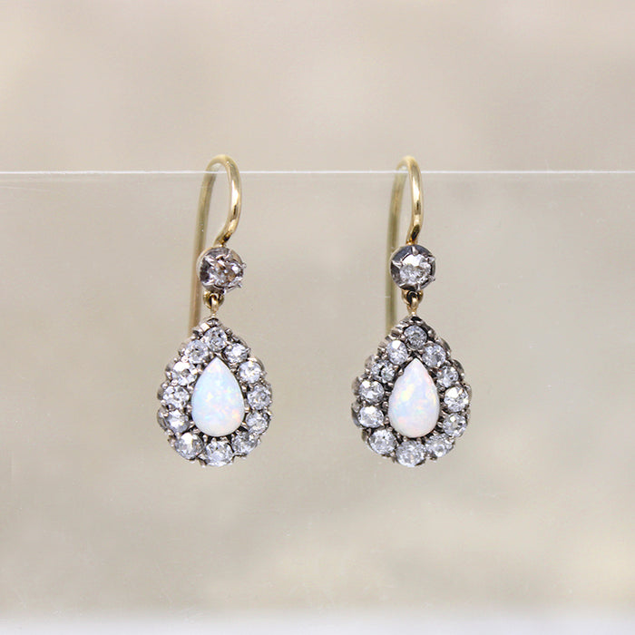 Opal & Old Mine Diamonds in Silver & 18ct Earbobs
