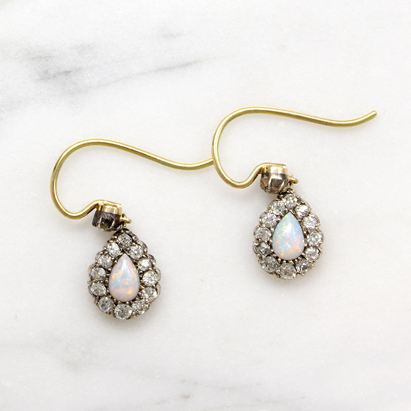 Opal & Old Mine Diamonds in Silver & 18ct Earbobs