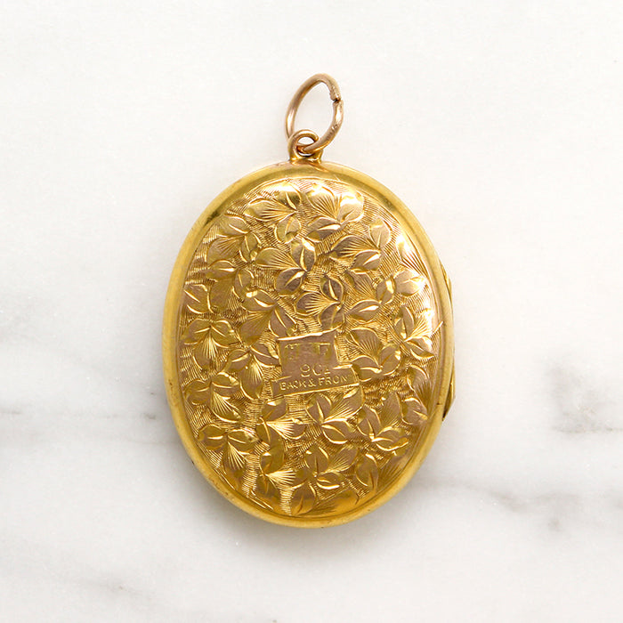 English 9ct Gold Locket Engraved with Lush Foliage