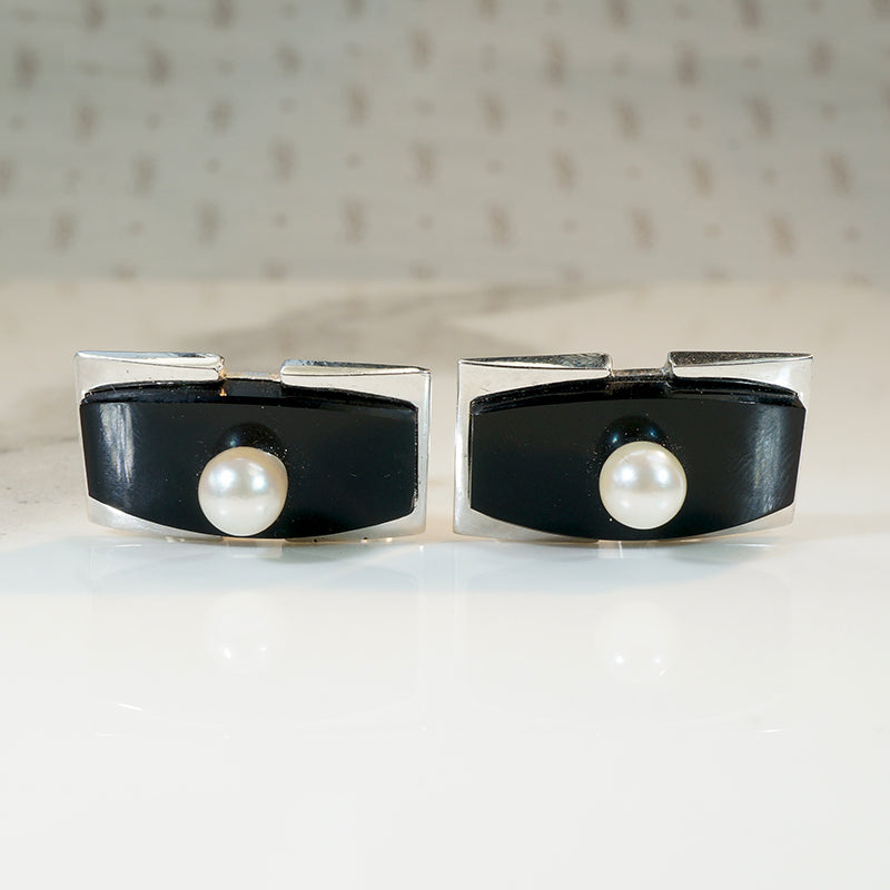 Onyx & Silver Cufflinks with Pearl Accents