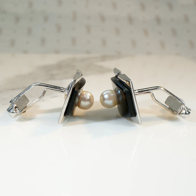 Onyx & Silver Cufflinks with Pearl Accents
