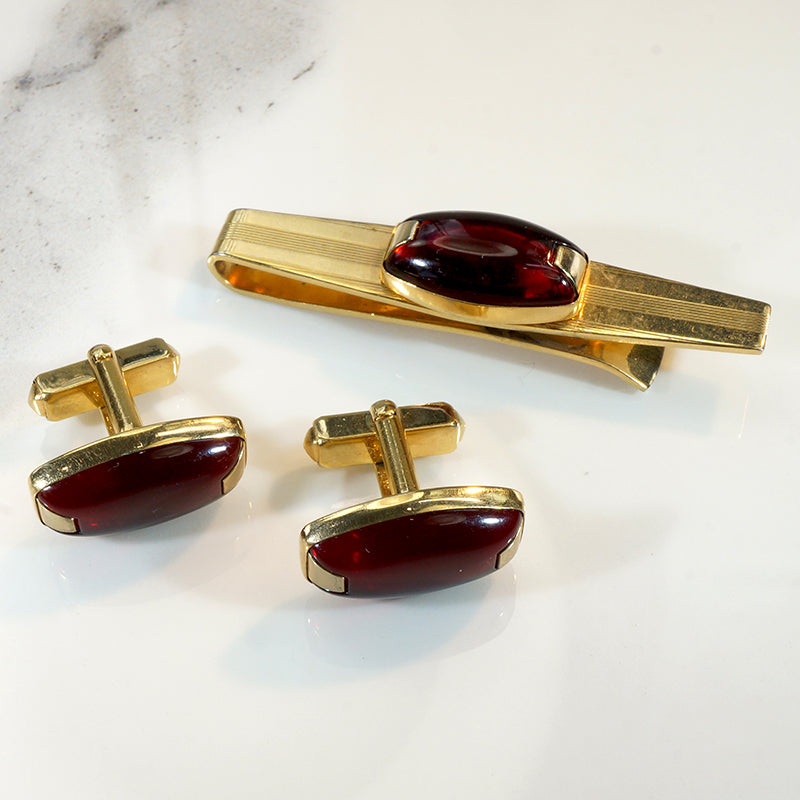 Flashy Red Glass Cufflink & Tie Bar Set from Anson