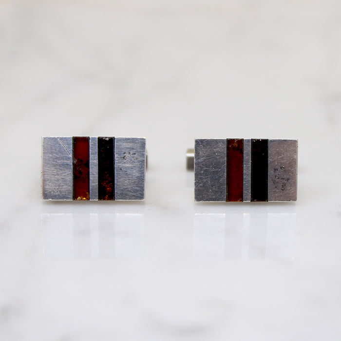Mid Century Modern Silver Cufflinks with Amber Inlay