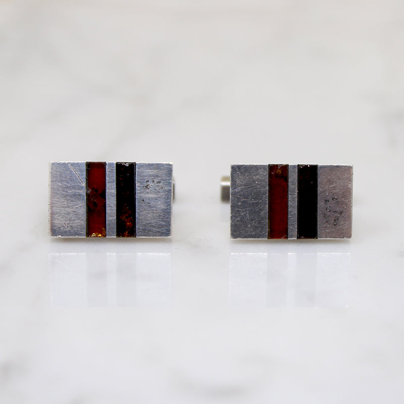 Mid Century Modern Silver Cufflinks with Amber Inlay