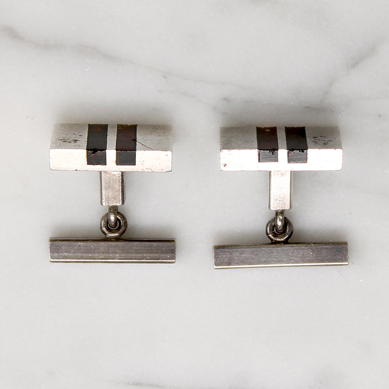 Mid Century Modern Silver Cufflinks with Amber Inlay