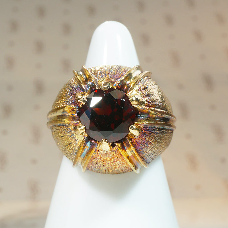 Mid Century Bloomed Gold & Garnet Ring