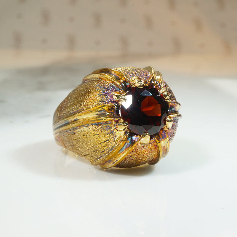 Mid Century Bloomed Gold & Garnet Ring