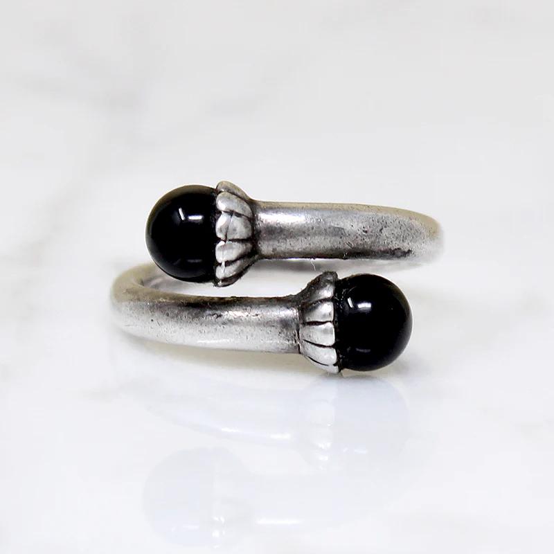 Black Onyx Orbs in Sterling Bypass Ring