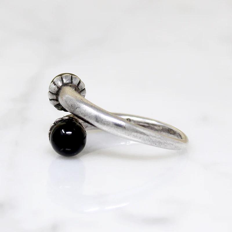 Black Onyx Orbs in Sterling Bypass Ring