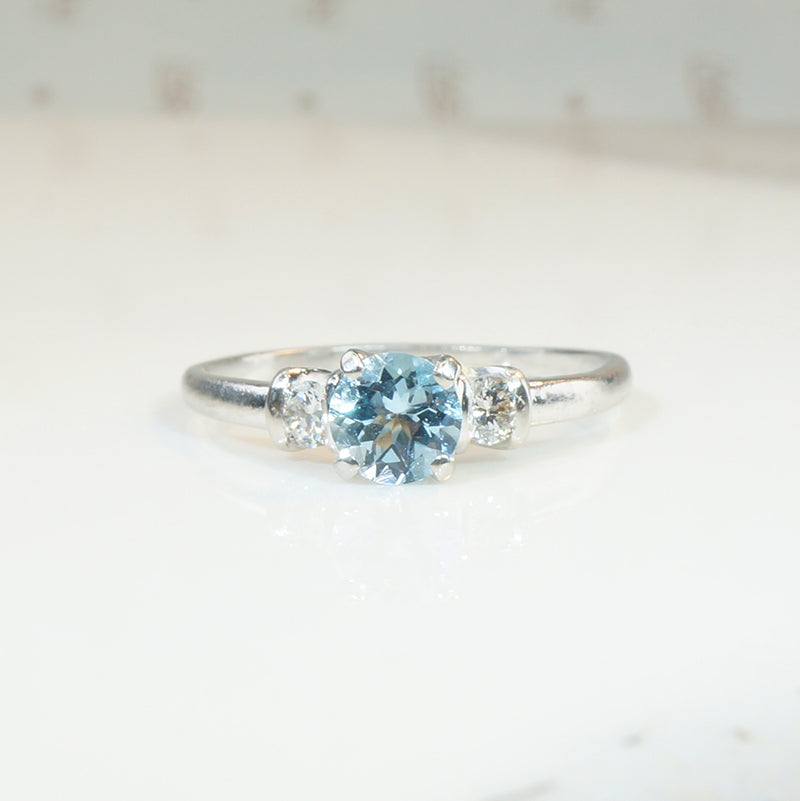 Mid Century Platinum Aquamarine & Diamond Engagement Ring