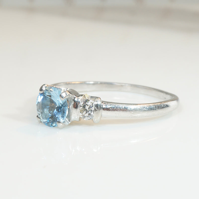 Mid Century Platinum Aquamarine & Diamond Engagement Ring
