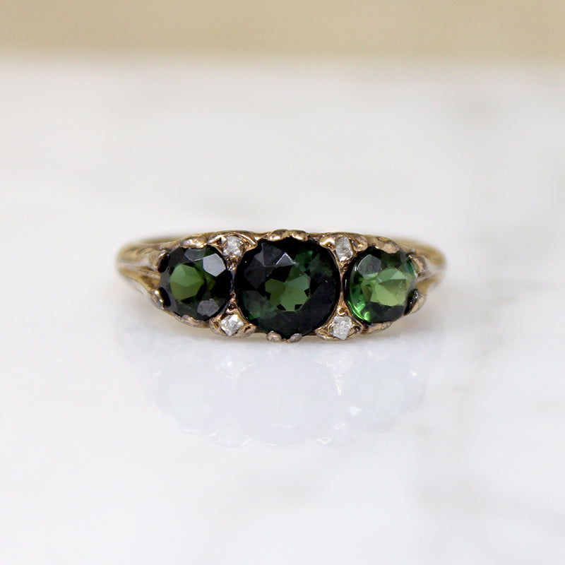 Victorian Revival Green Tourmaline & 9ct Gold Ring 
