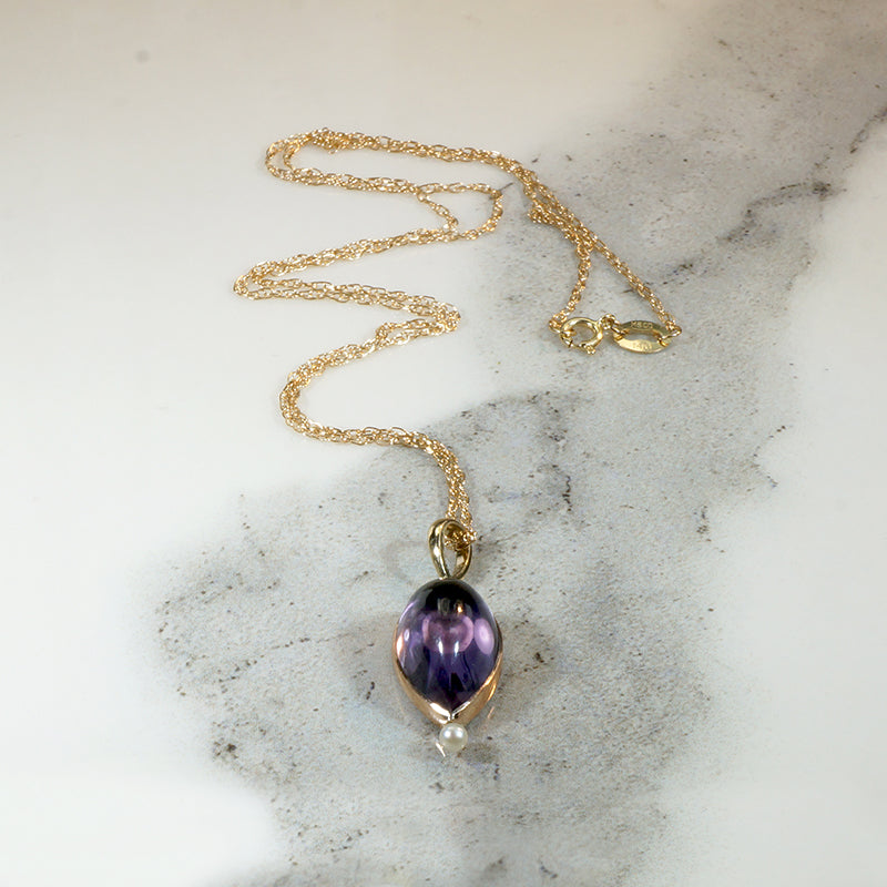 Amethyst Cabochon Pendant with Tiny Pearl Accent