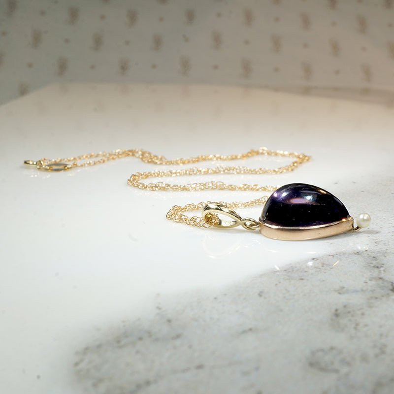 Amethyst Cabochon Pendant with Tiny Pearl Accent
