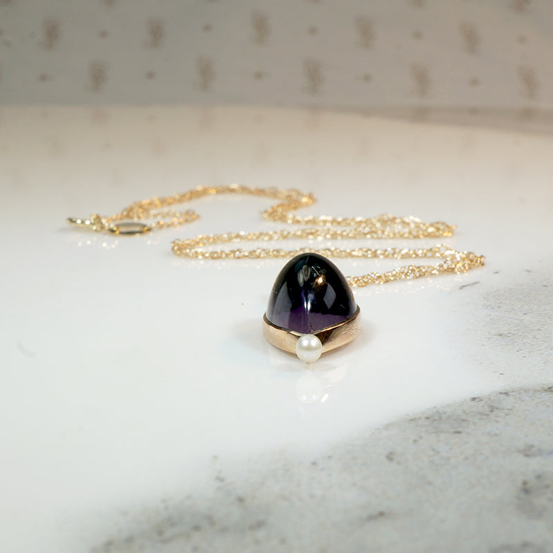Amethyst Cabochon Pendant with Tiny Pearl Accent