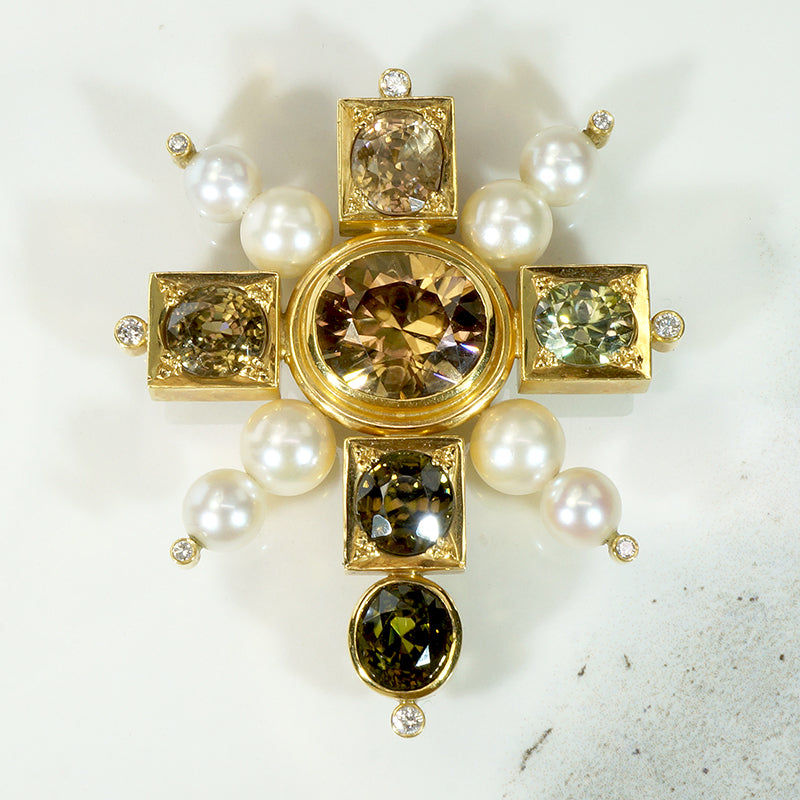 Opulent 18K Gold Cross with Zircons Pearls & Diamonds