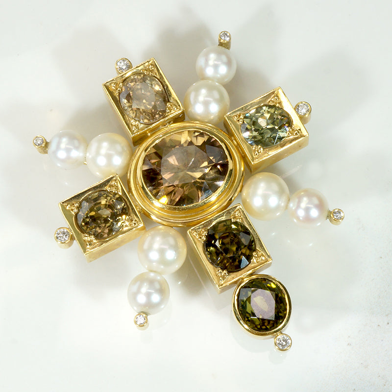 Opulent 18K Gold Cross with Zircons Pearls & Diamonds