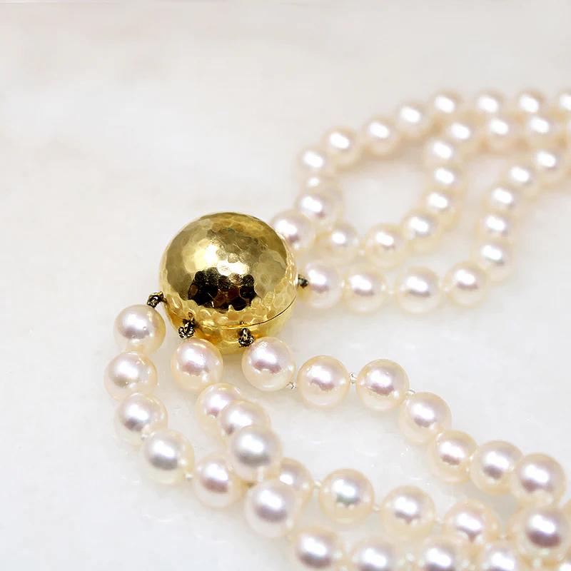 Three Strand Akoya Pearl Necklace with 18k Clasp