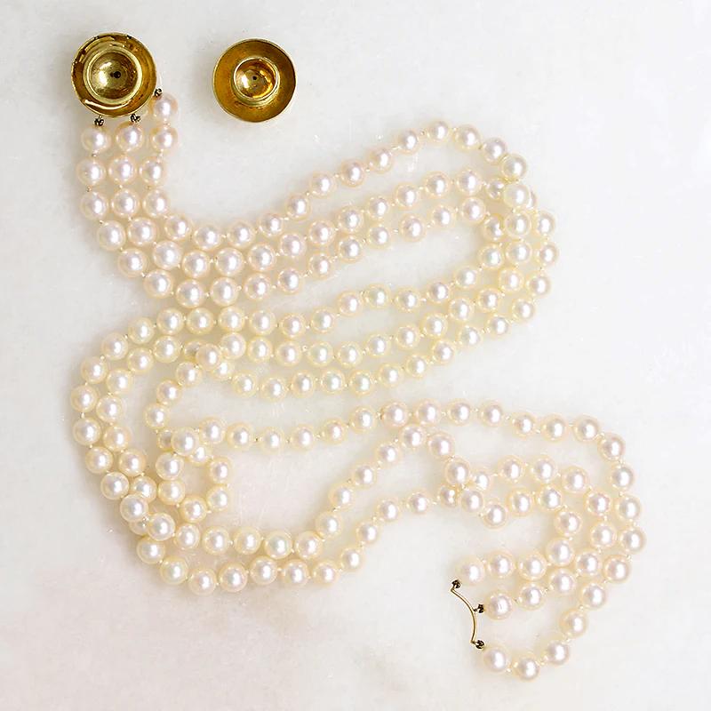 Three Strand Akoya Pearl Necklace with 18k Clasp