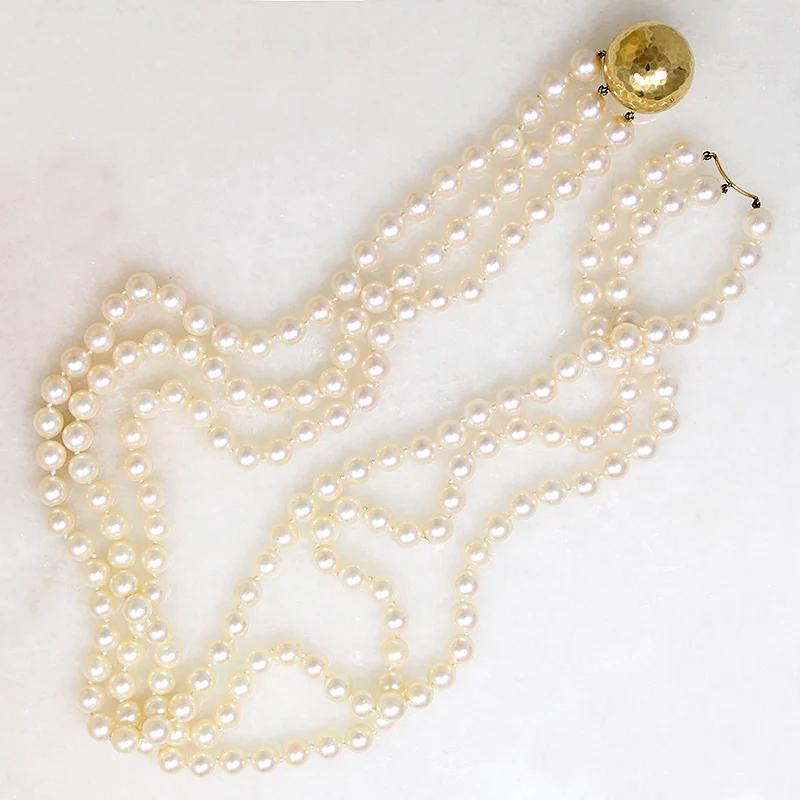 Three Strand Akoya Pearl Necklace with 18k Clasp