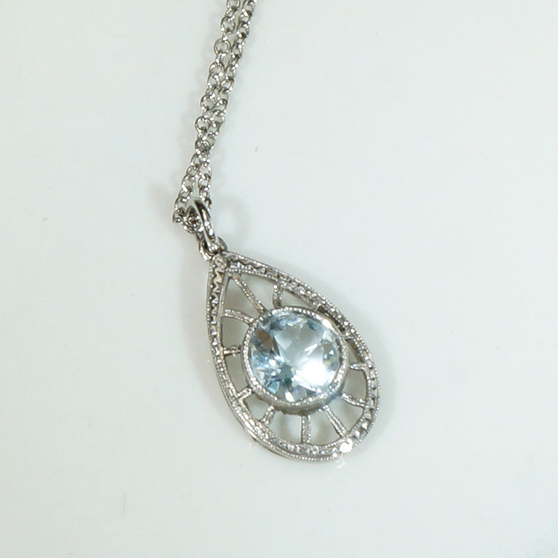 Frosty Aquamarine & Platinum Filigree Teardrop Pendant