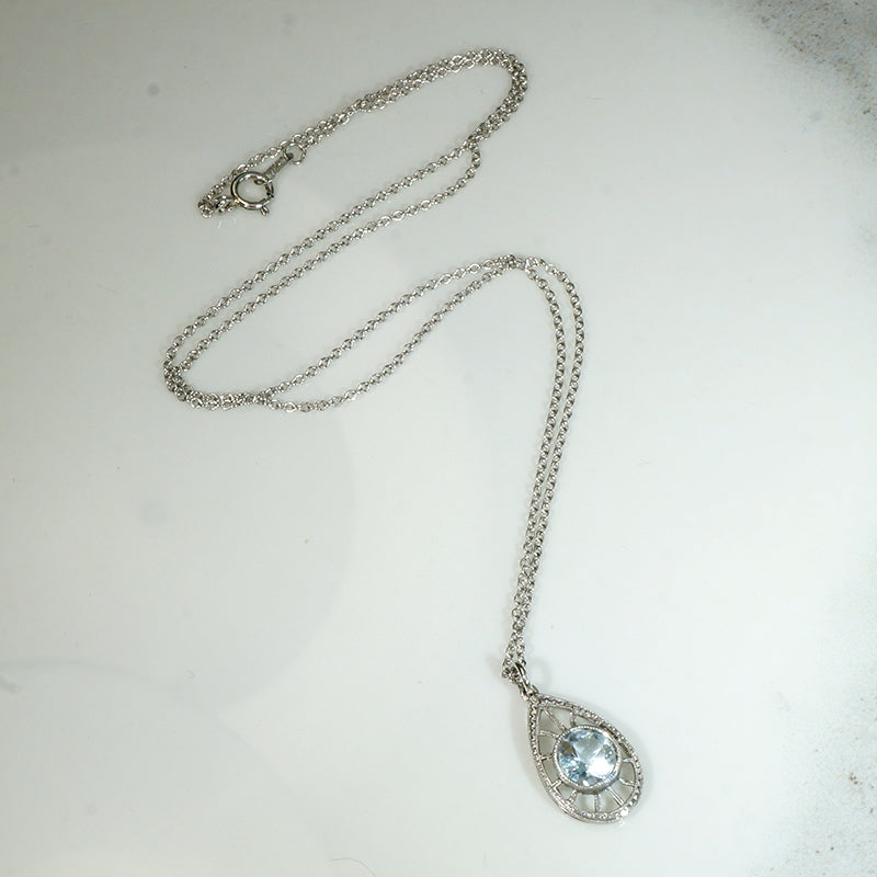 Frosty Aquamarine & Platinum Filigree Teardrop Pendant