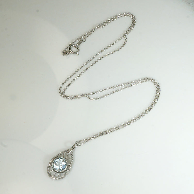 Frosty Aquamarine & Platinum Filigree Teardrop Pendant