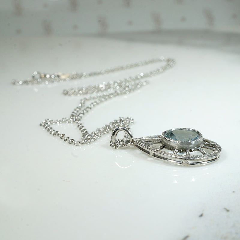 Frosty Aquamarine & Platinum Filigree Teardrop Pendant