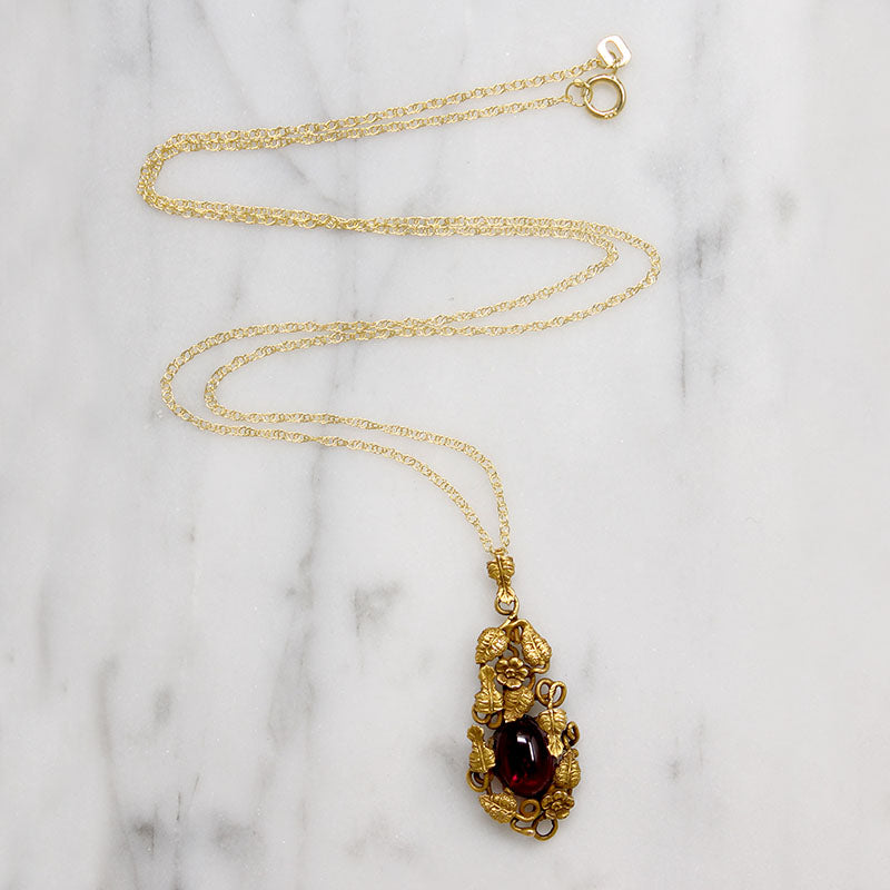 Golden Garden & Garnet Cabochon Pendant