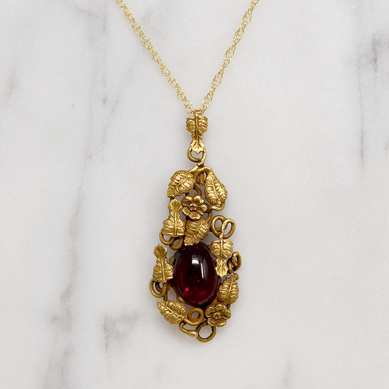Golden Garden & Garnet Cabochon Pendant
