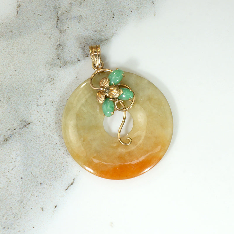 Autumnal Jade Circle Pendant with Gold & Jade Flower