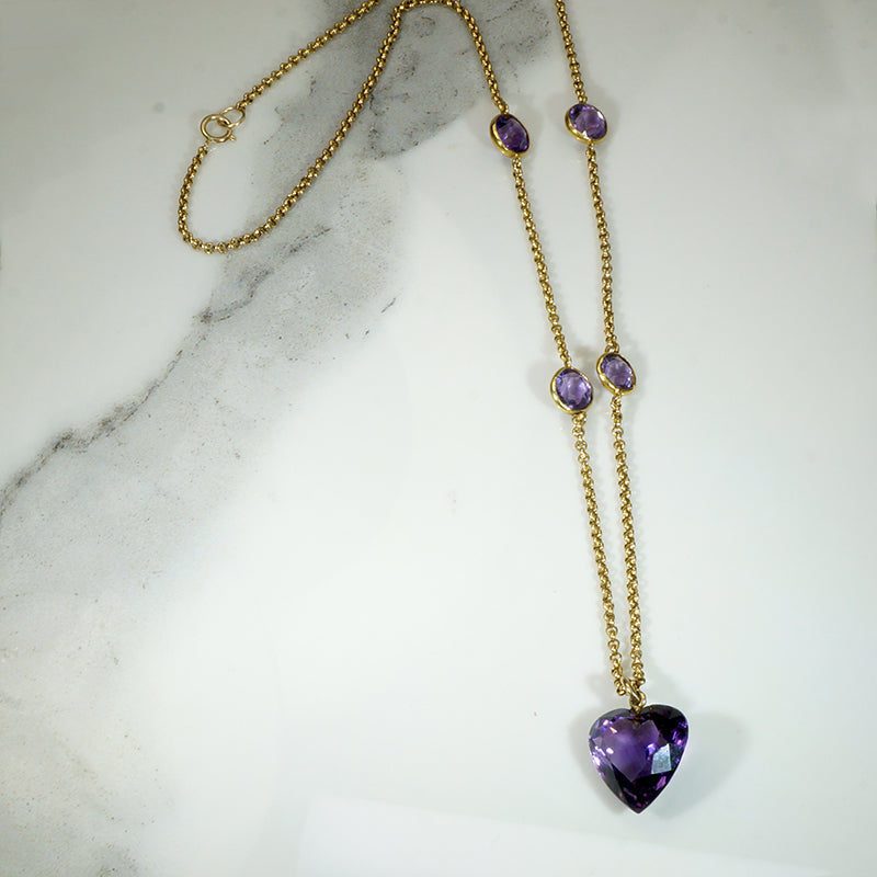 Faceted Amethyst Heart on Amethyst-Studded 18k Chain